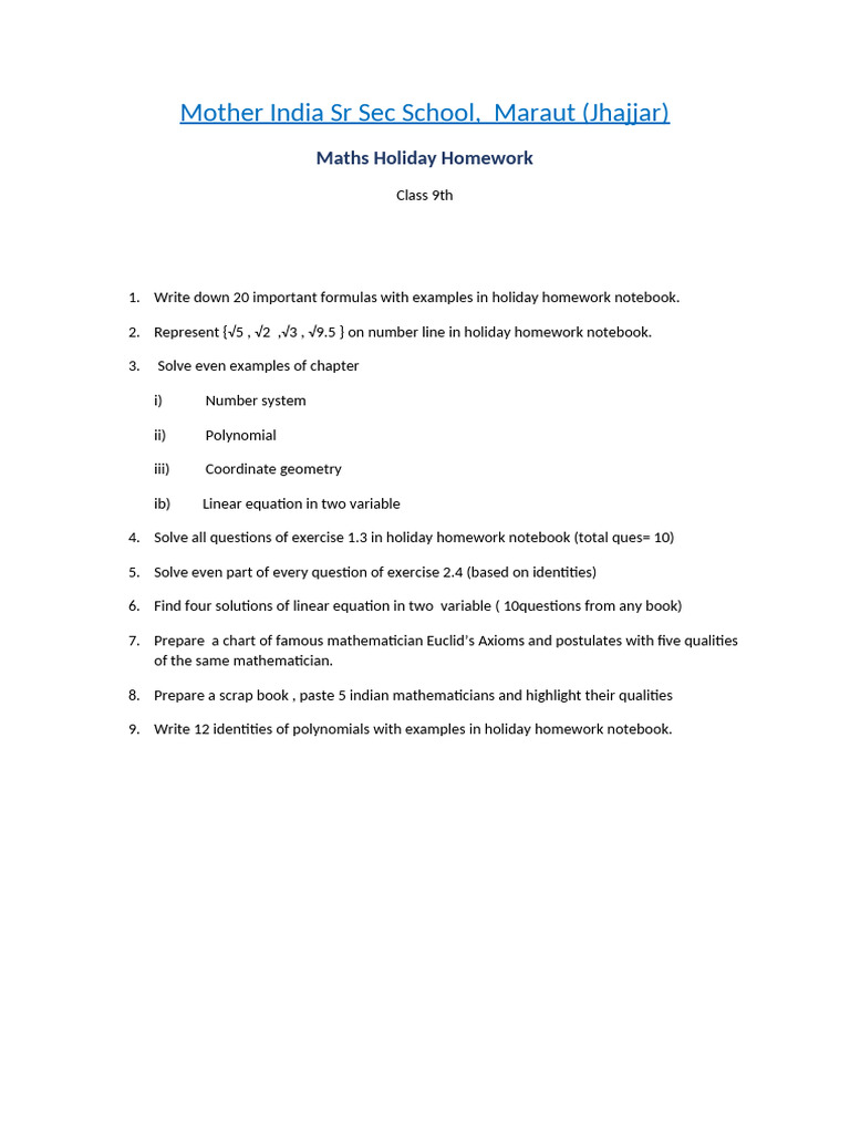 Class 9 Maths Holiday Homework Guide | PDF