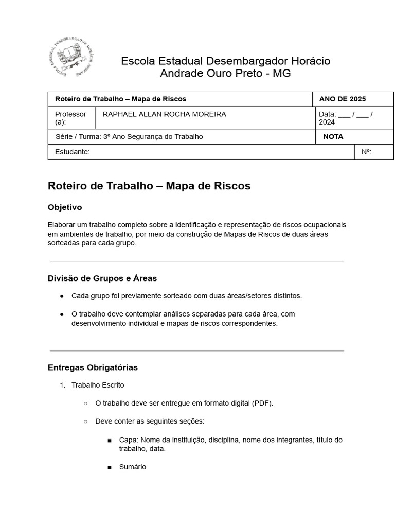 Roteiro Trabalho Mapa de Riscos - Prev. e Cont. de Sinistros | PDF