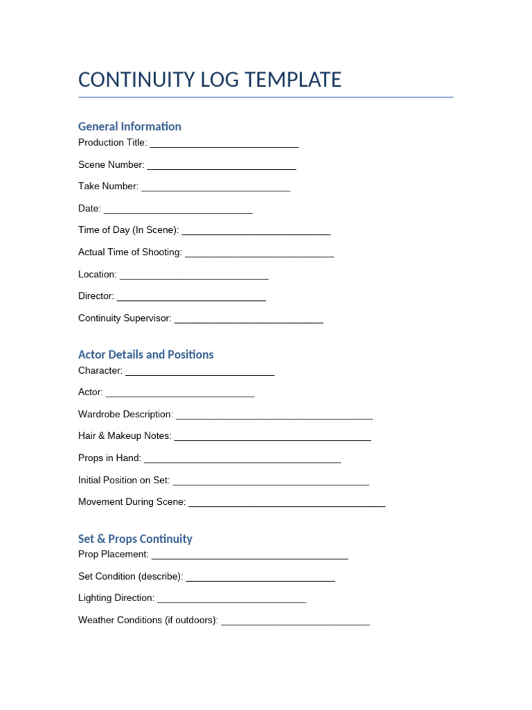 Continuity Log Template Pdf