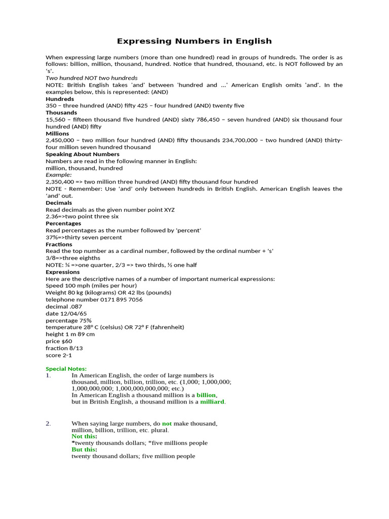 Expressing Numbers in English | PDF | Decimal | Numbers