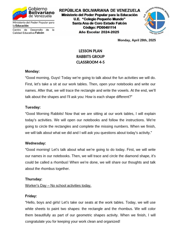 Lesson Plan Week April 28th To May 2nd | PDF