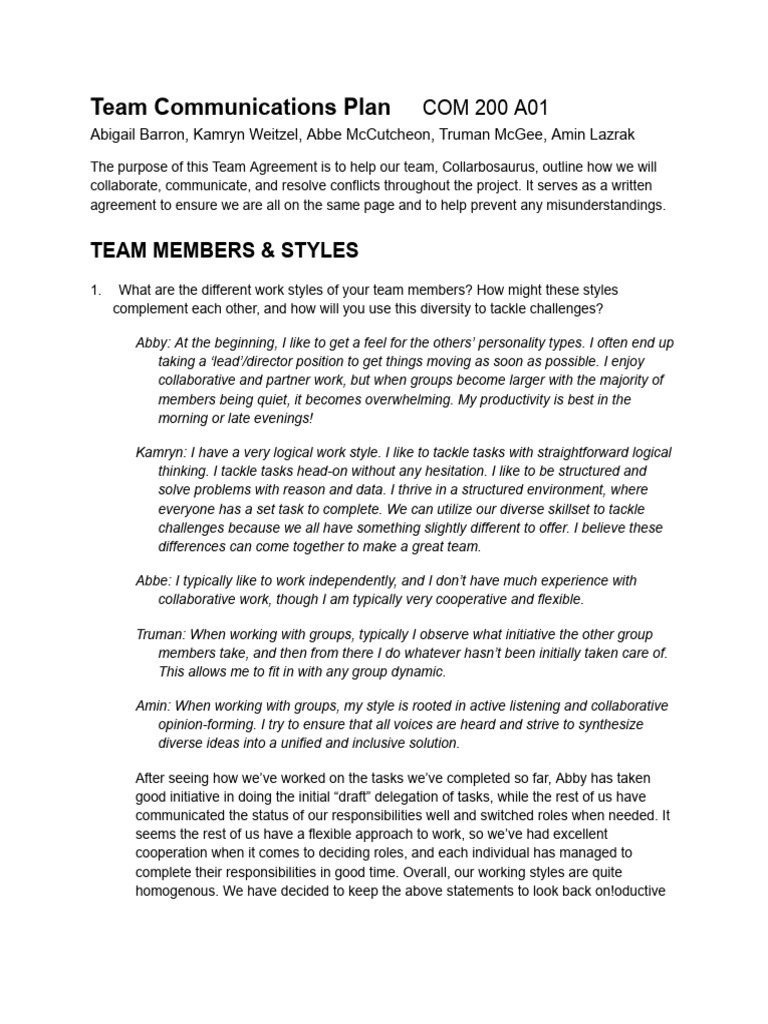 Team Communications Plan COM 200 A01 | PDF | Communication | Goal