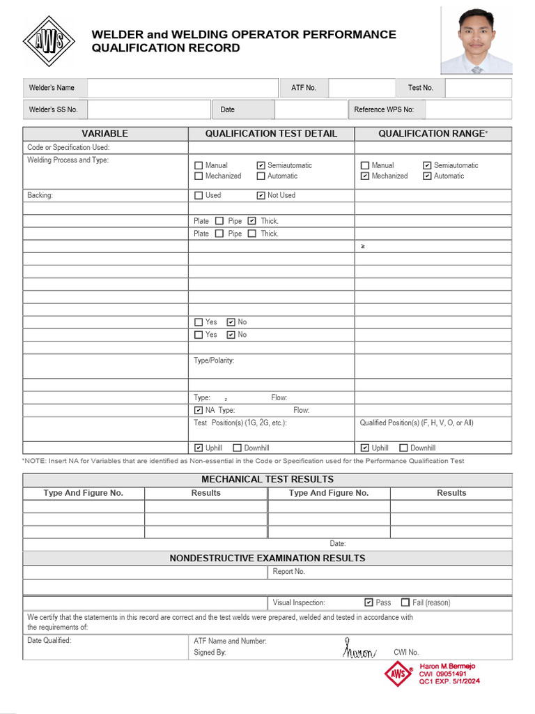 Welder Performance Qualification Record | PDF | Pipe (Fluid Conveyance ...