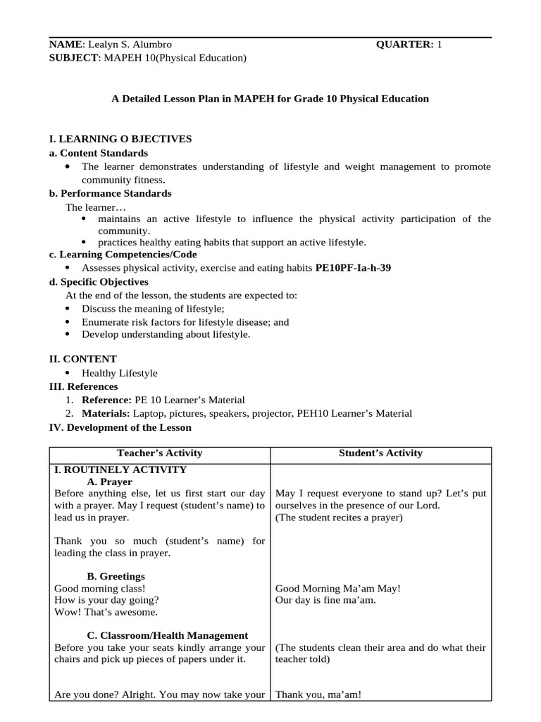 Grade 10 MAPEH Physical Education Plan | PDF | Non Communicable Disease ...