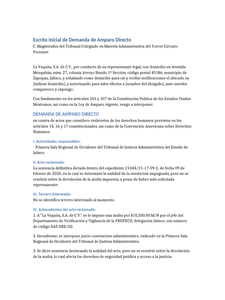 Demanda de Amparo Directo por Multa | PDF | Demanda judicial | Justicia
