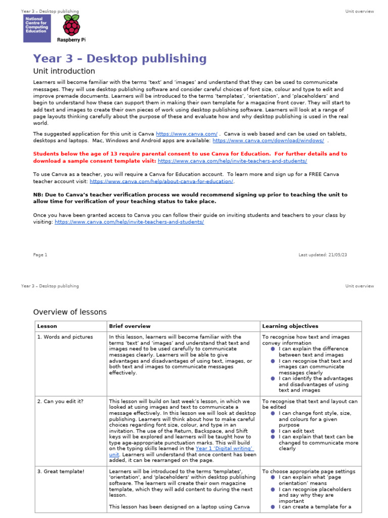Year 3 Desktop Publishing Unit Guide | PDF | Page Layout | Desktop Computer