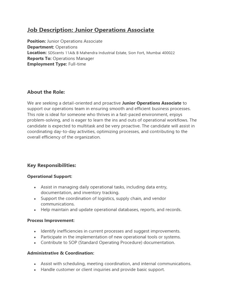 Junior Operations Associate Job Opening | PDF | Business Process | Business