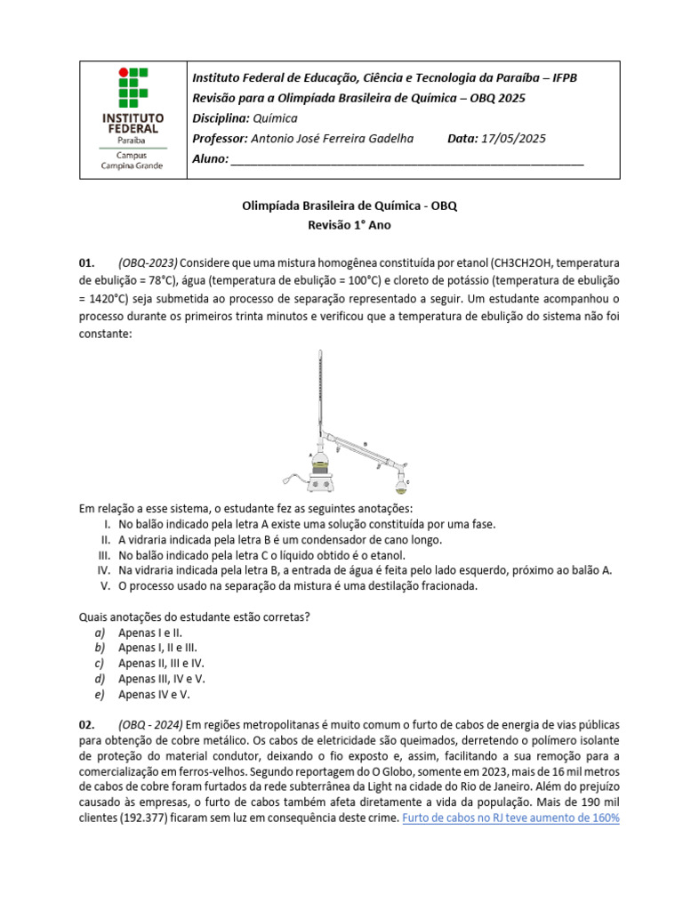 Revisão OBQ 2025: Provas e Questões | PDF | Densidade | Mistura