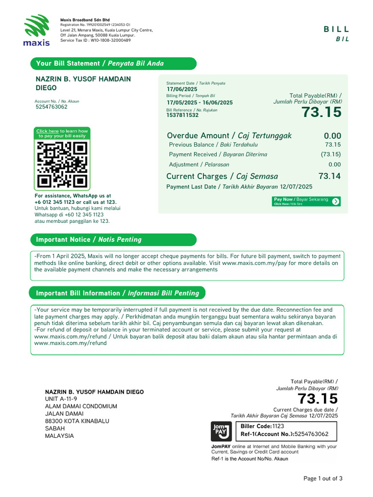 Maxis Ebill 5254763062 2025 06 | PDF | Payments | Financial Services