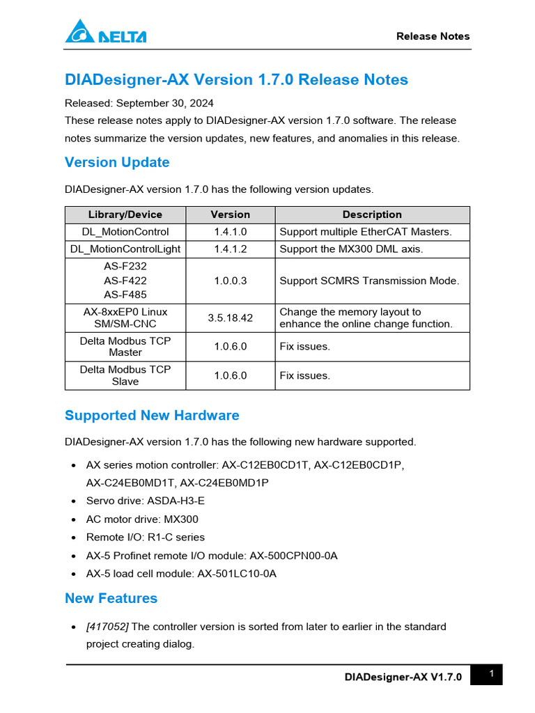 DIADesigner-AX V1.7.0 Release Notes | PDF | Computer Network | Computing