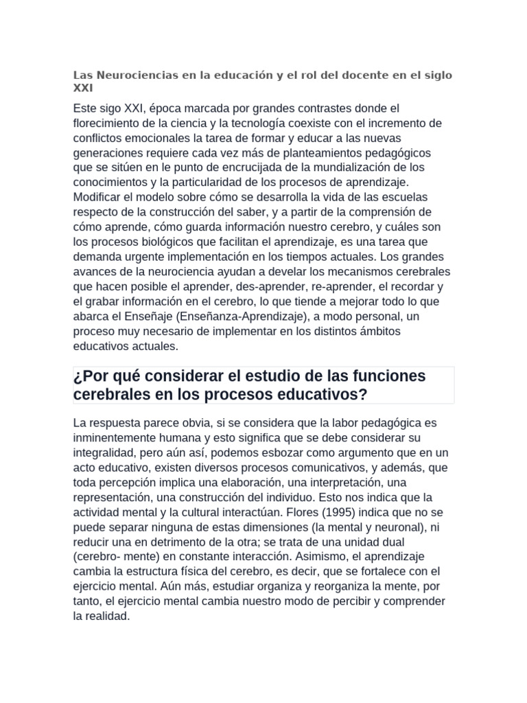 Neurociencias y rol docente en el siglo XXI | PDF | Aprendizaje | Enseñando
