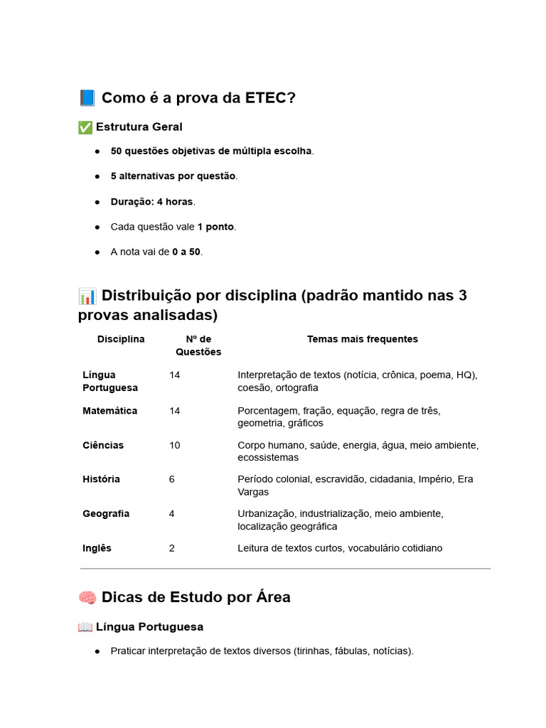 Estrutura da Prova da ETEC 9º Ano | PDF | Geografia | Matemática