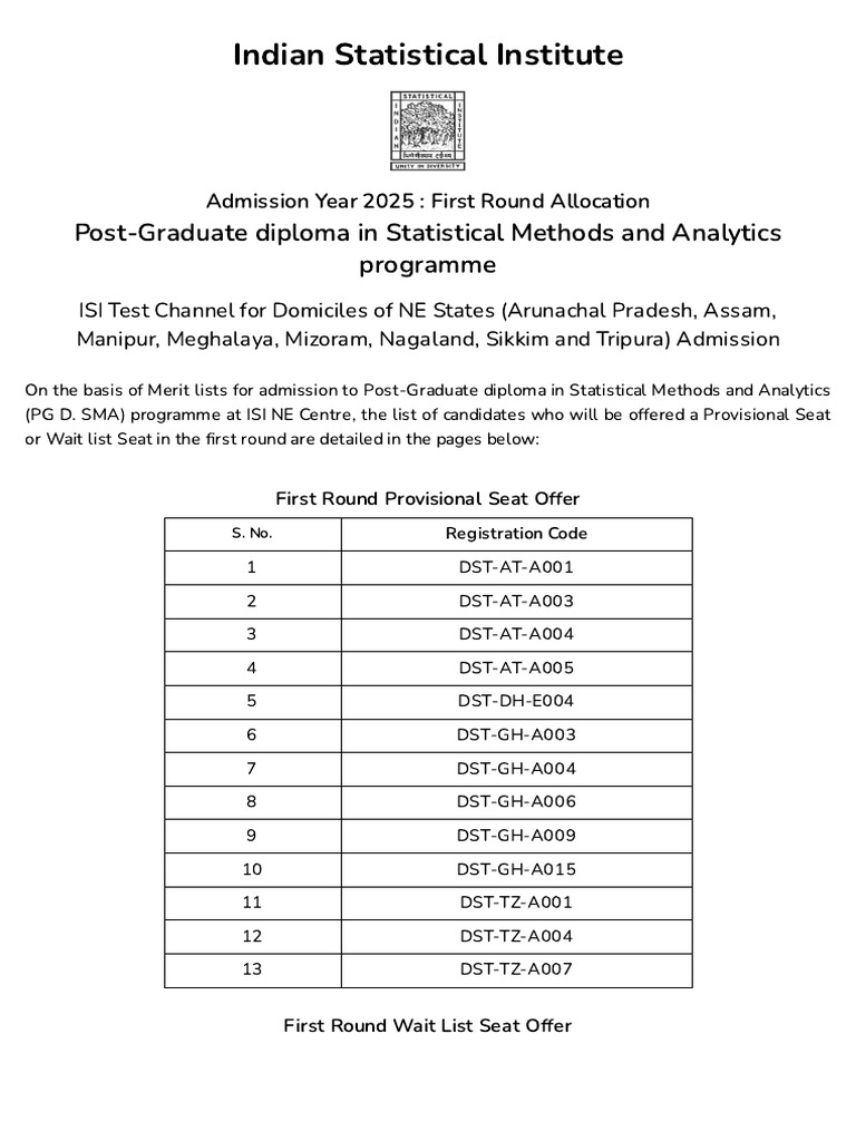 ISI Admission 2025: PG Diploma Seat Allocation | PDF