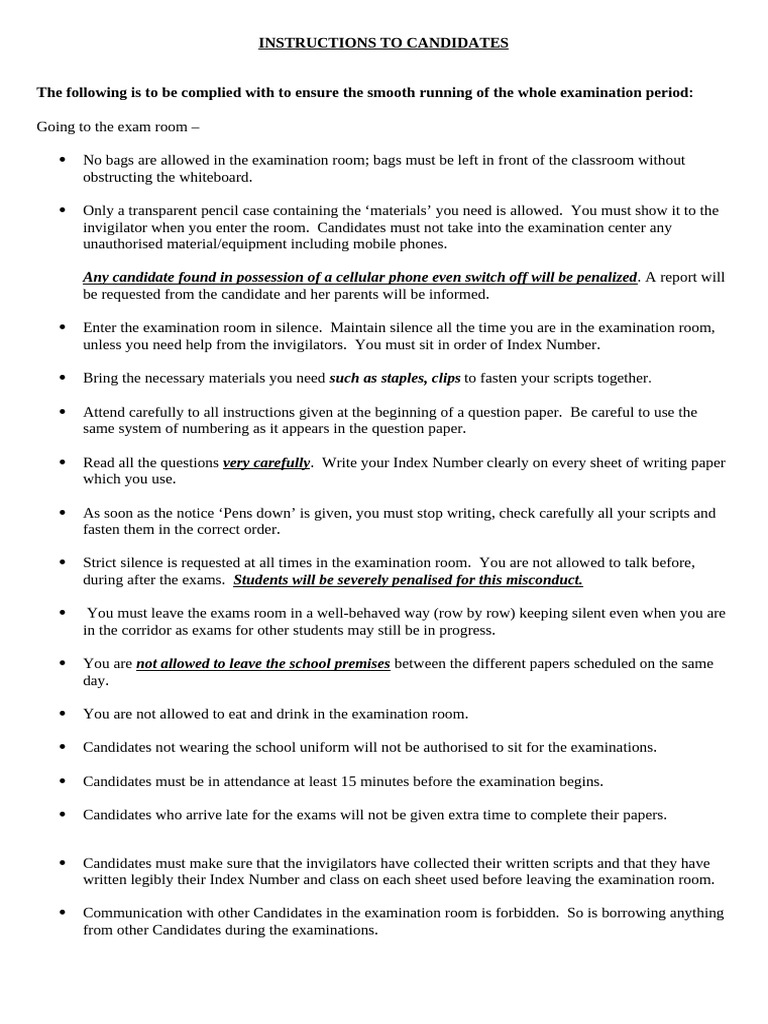 Instructions To Candidates 2025 | PDF