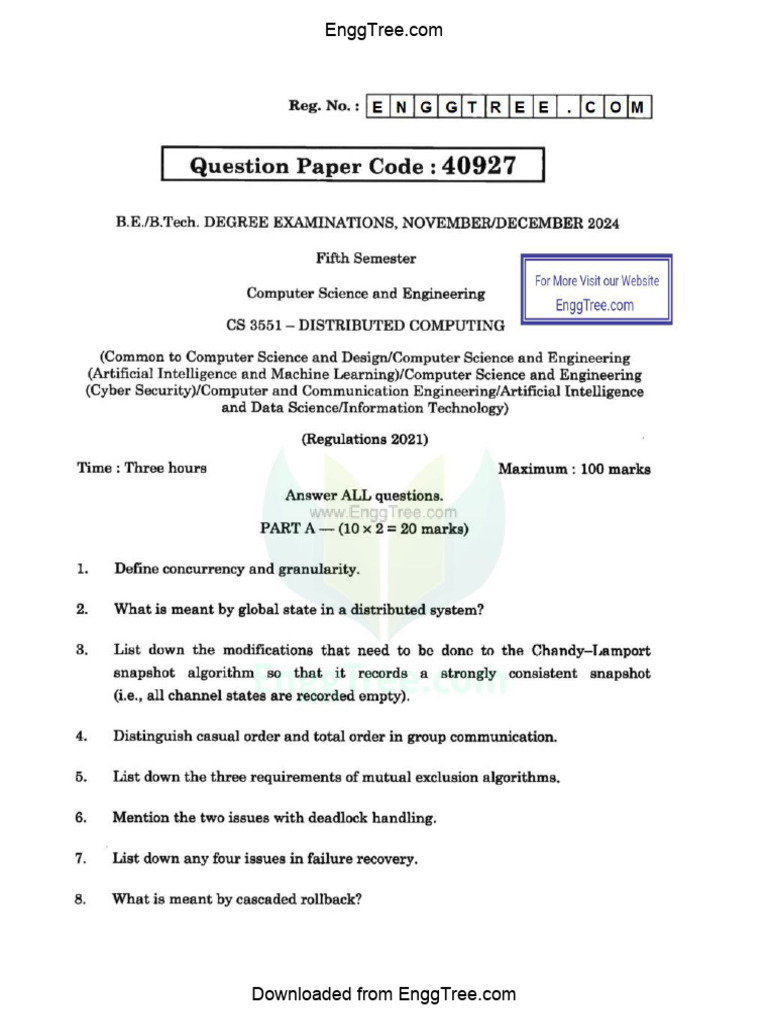 CS3551 Distributed Computing Nov Dec 2024 Question Paper Download | PDF