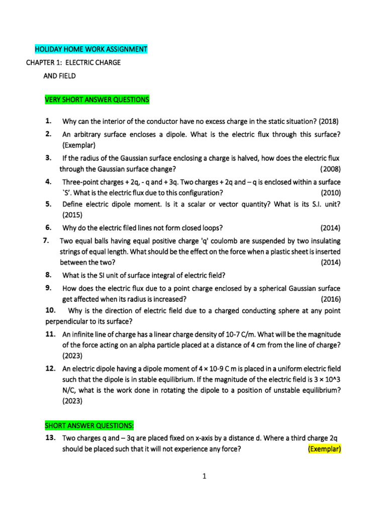 Holiday Assignment: Electric Charge & Field | PDF | Capacitor | Capacitance