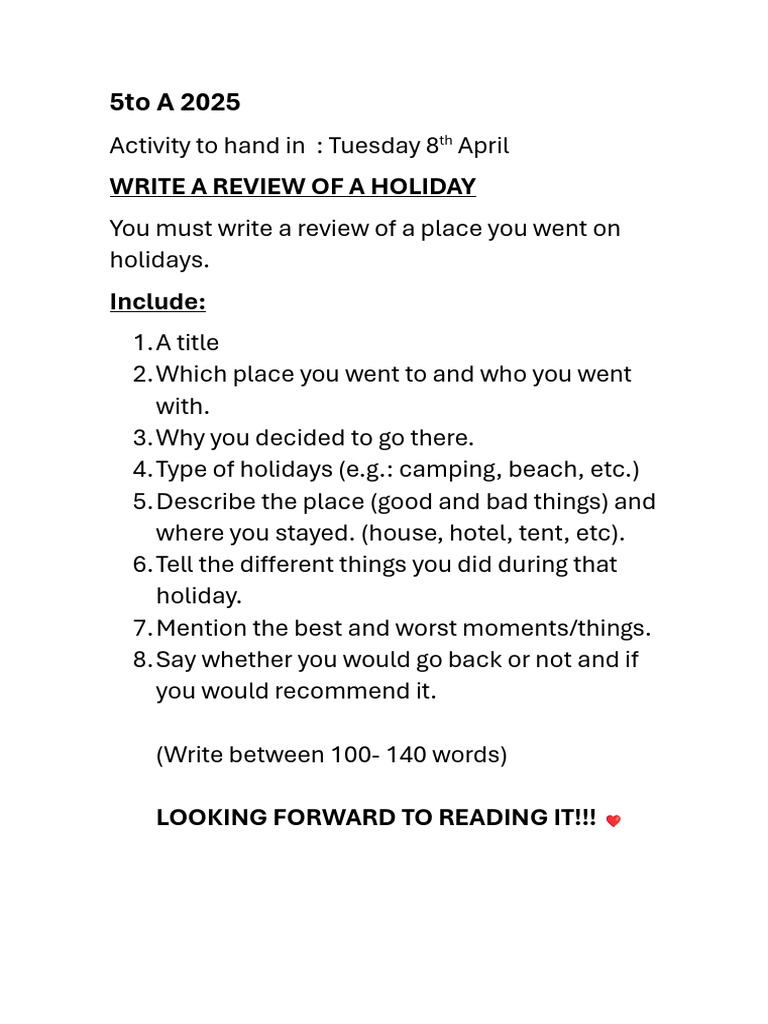 Holiday Review Writing Guide | PDF