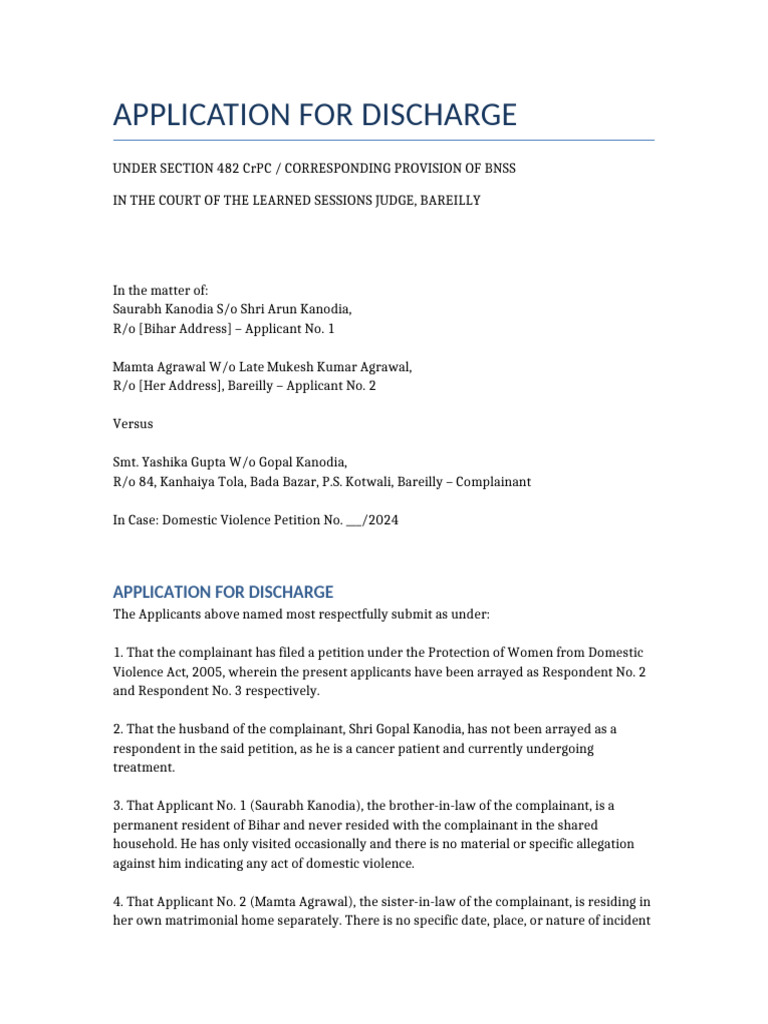 Discharge Application in Domestic Violence Case | PDF | Justice | Crime ...