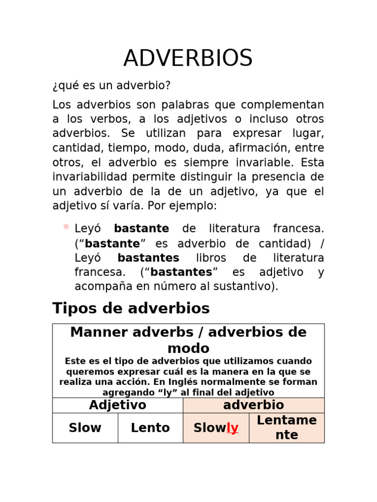 Tipos y Usos de los Adverbios | PDF | Adverbio | Unidades Semánticas