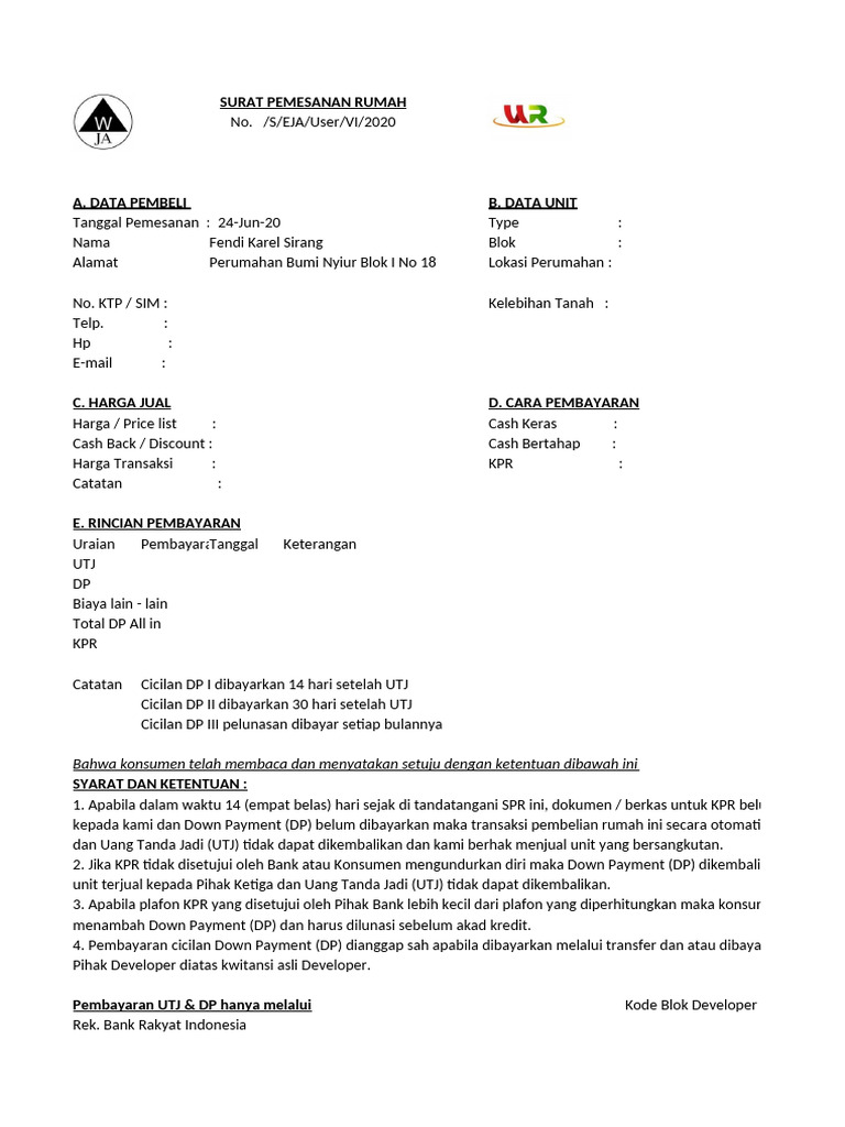 Surat Pemesanan Rumah dan Pembayaran | PDF