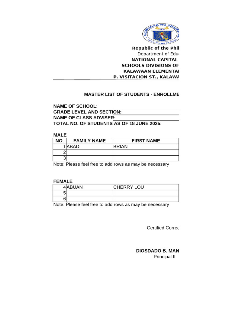 Student Enrollment Master List 2025 | PDF