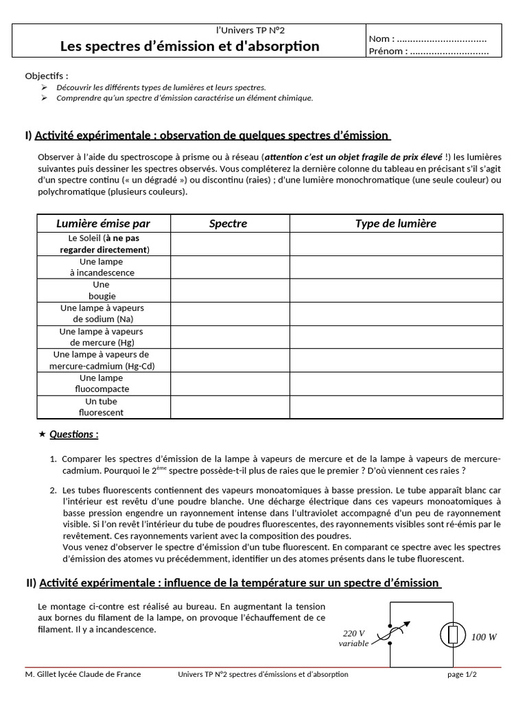 Spectres d'Émission et d'Absorption TP | PDF | Spectre ...