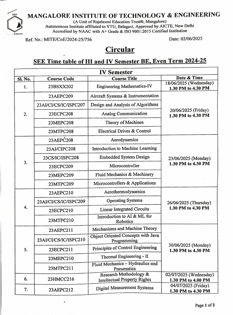 SEE Timetable 3rd&4th Sem BE Even Term 24-25 | PDF