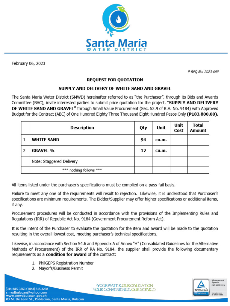 P RFQ No. 2023 005 Supply and Delivery of White Sand and Gravel | PDF ...