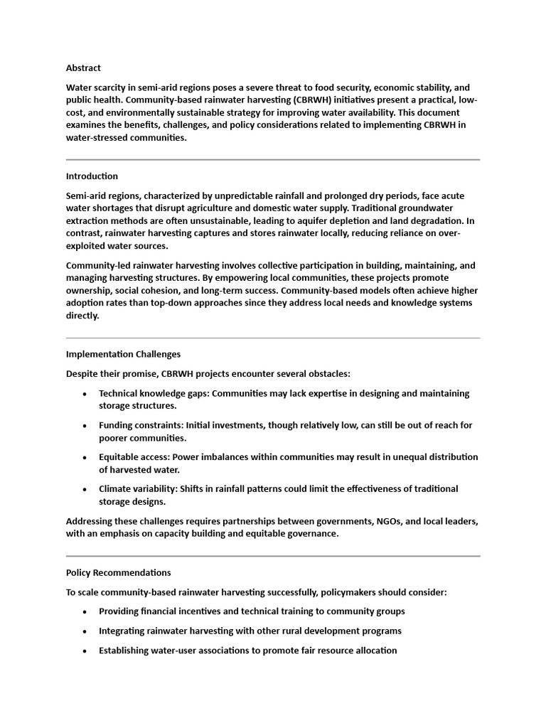 Community-Based Rainwater Harvesting | PDF | Water Scarcity | Natural ...