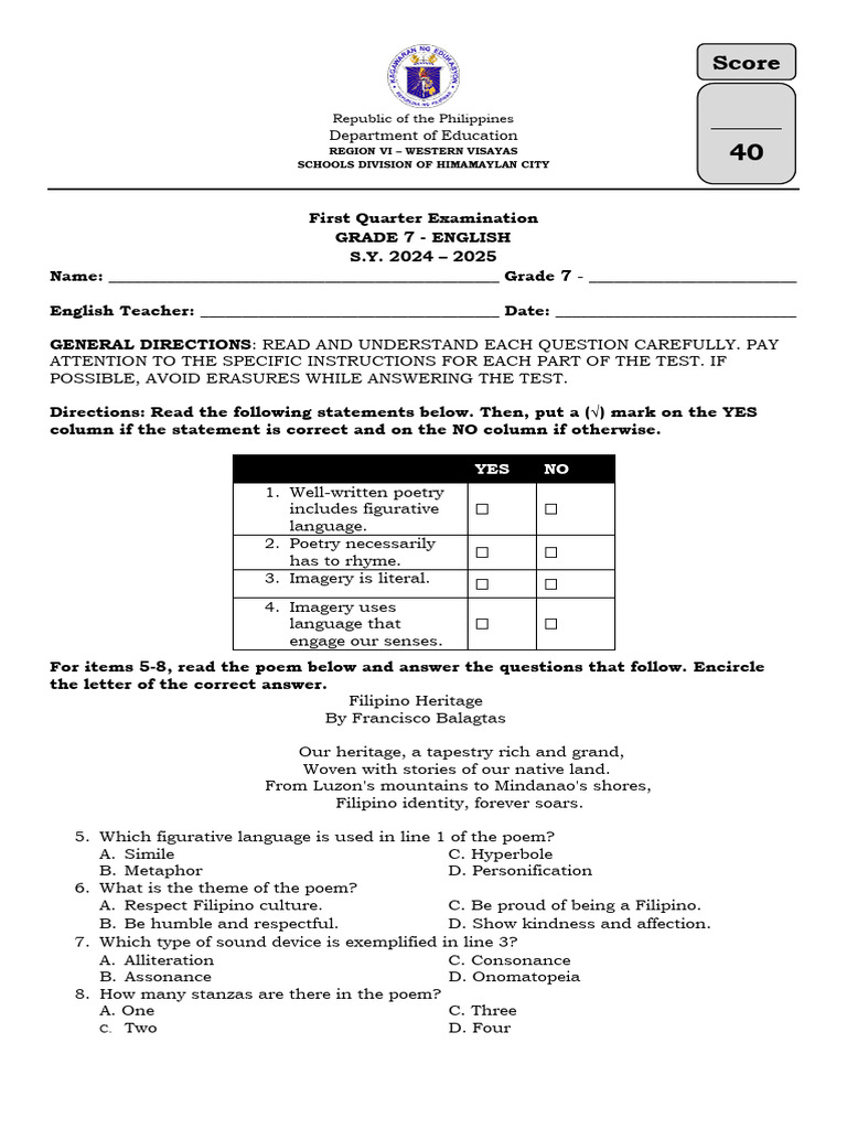 Grade 7 English 1st Quarter Exam | PDF | Poetry | Poetics
