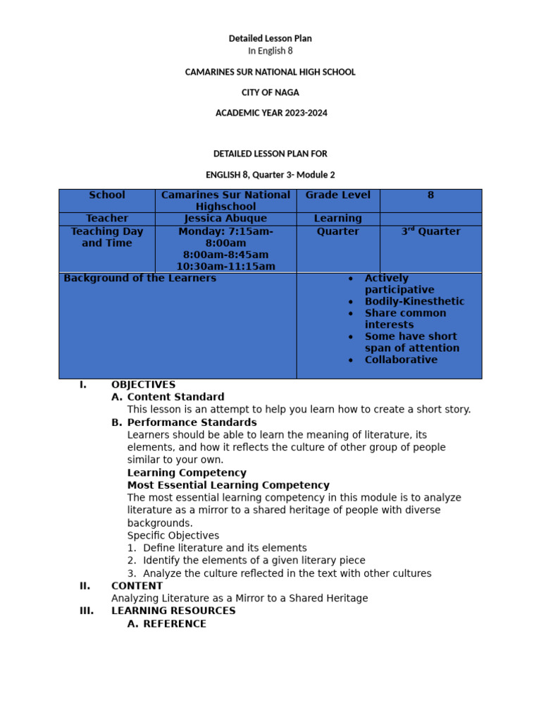 English 8 Lesson Plan: Analyzing Literature | PDF