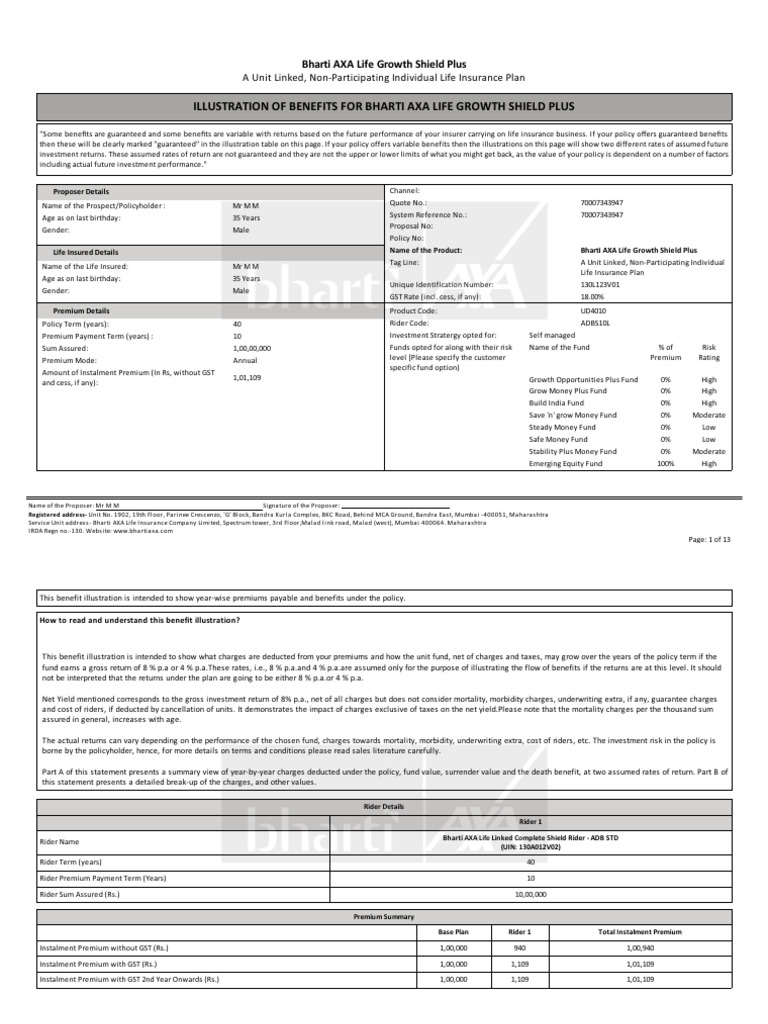 Bharti AXA Life Growth Shield Plus Plan | PDF | Insurance | Life Insurance