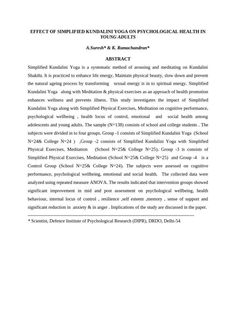 Simplified Kundalini Yoga On Psychological Health | PDF