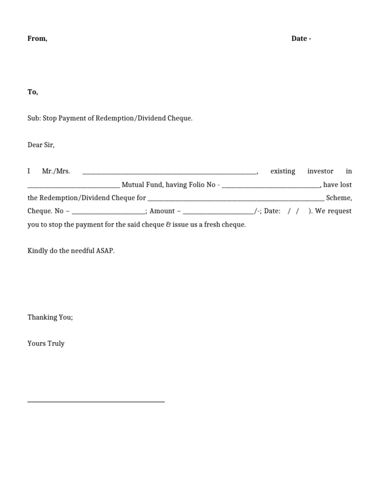 Stop Payment Request for Cheque | PDF