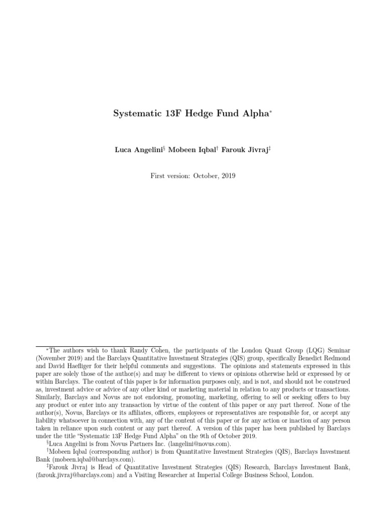 Hedge Fund Alpha from 13F Filings | PDF | Hedge Fund | Investment ...