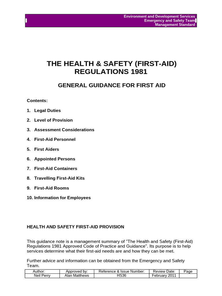 First-Aid Regulations Guidance Document | PDF | First Aid ...
