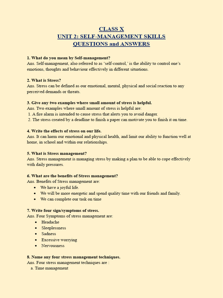 Unit 2 Self Management Skills | PDF | Stress (Biology) | Stress Management