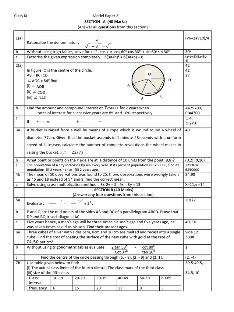 Class IX Model Paper 3 Solutions | PDF | Elementary Geometry ...