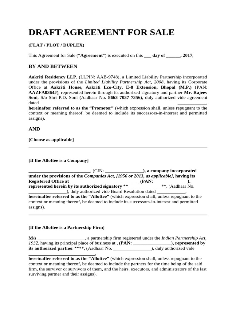 Agrement For Sale - Draft | PDF | Taxes | Lease
