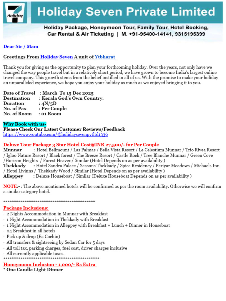 Kerala Tour Package: Munnar to Alleppey | PDF | Debit Card | Fee