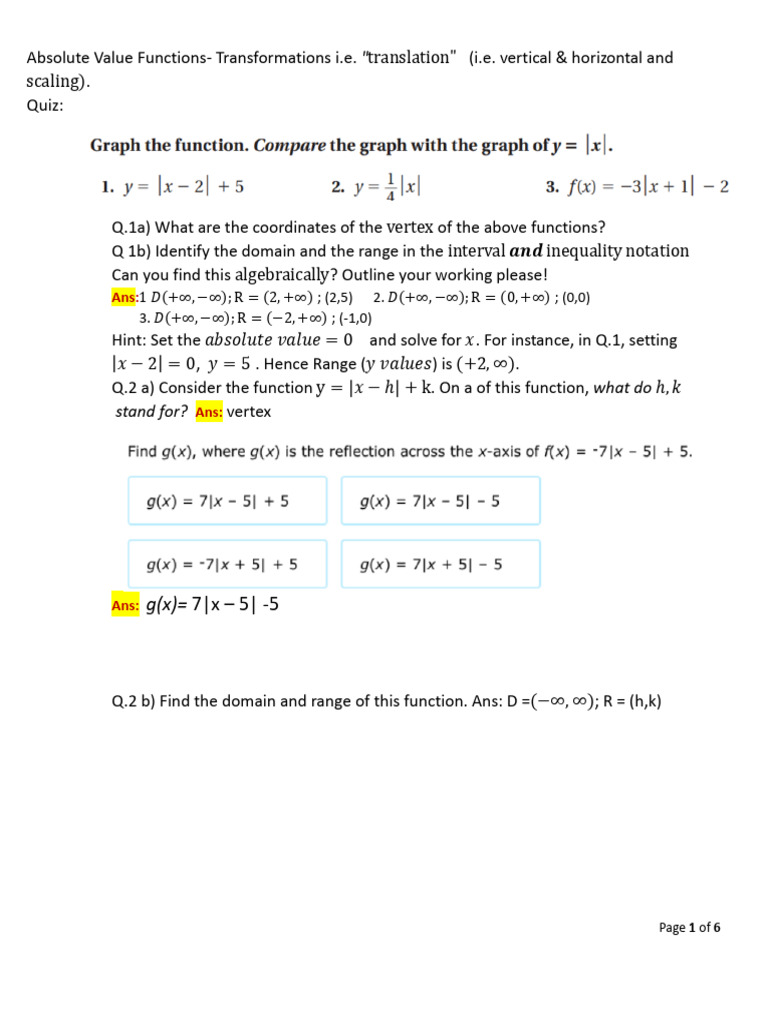 Absolute Value Function Examples and Quiz | PDF