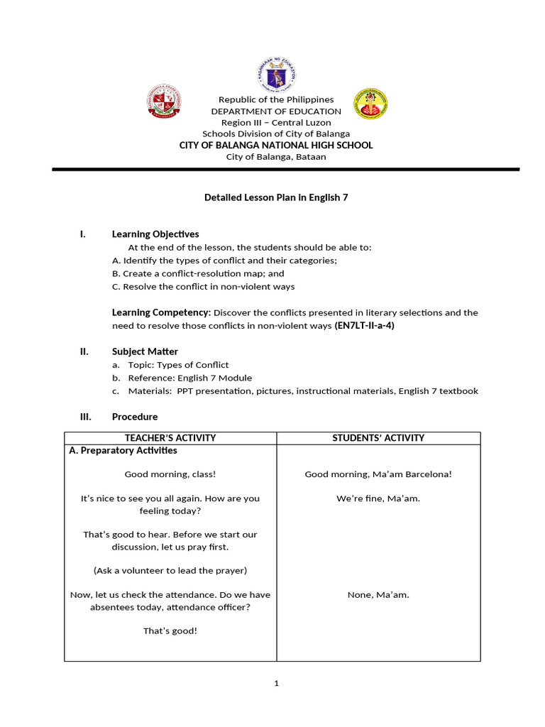 Types of Conflict in Grade 7 Stories | PDF | Lesson Plan | Feeling