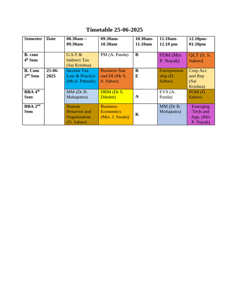 Timetable For 25th June | PDF