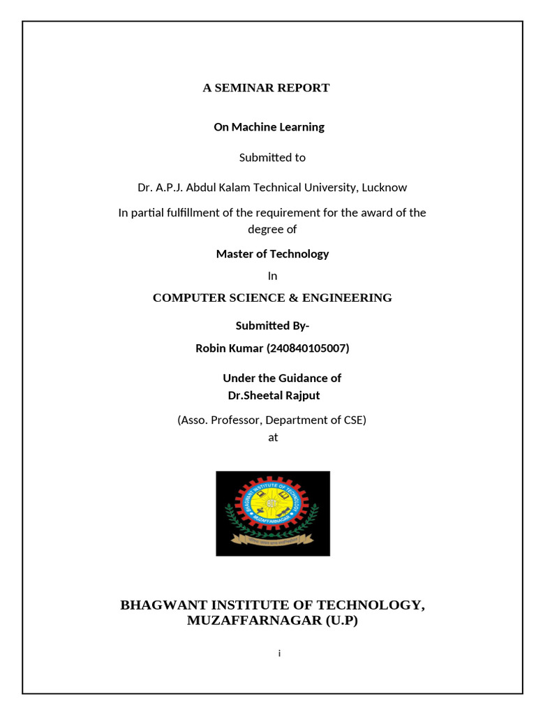 Seminar Report on Machine Learning | PDF