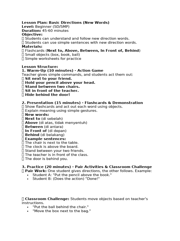 Lesson Plan Basic Directions (New Words) 10 March | PDF