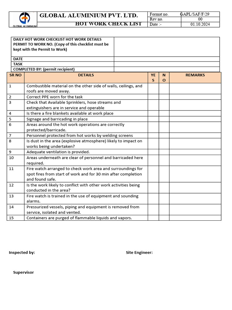 Daily Hot Work Safety Checklist | PDF