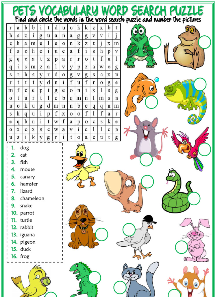 Pets ESL Printable Word Search Puzzle Worksheet For Kids PDF
