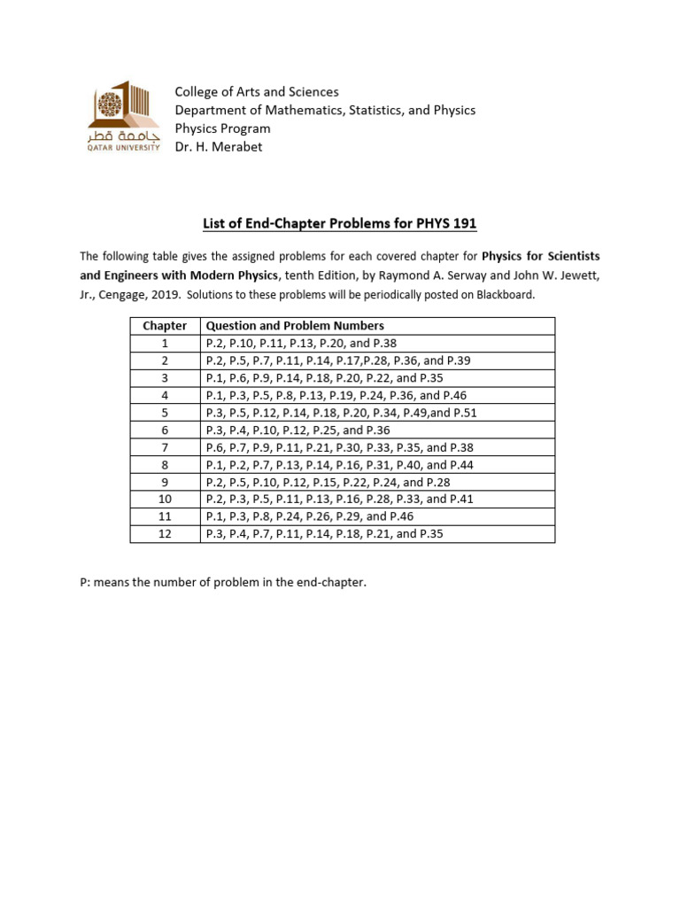 List of Practice Problems For PHYS 101 and PHYS 191 | PDF