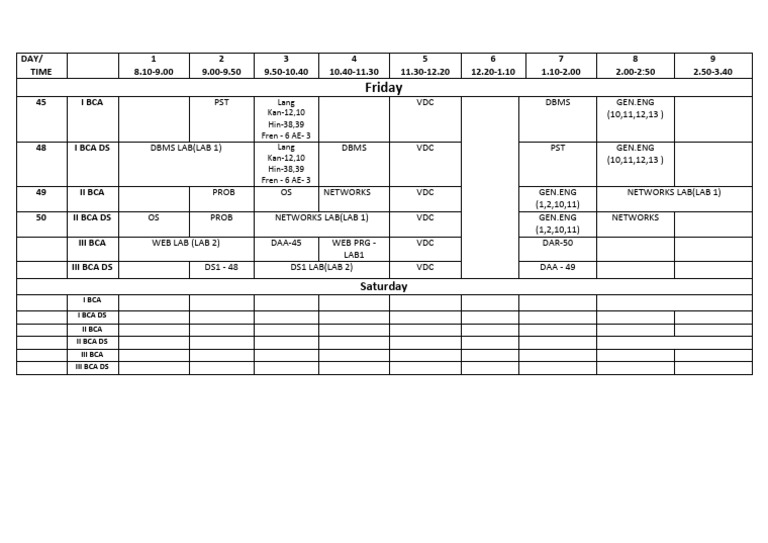 Odd Sem Bca Fid-Sat Time Table | PDF