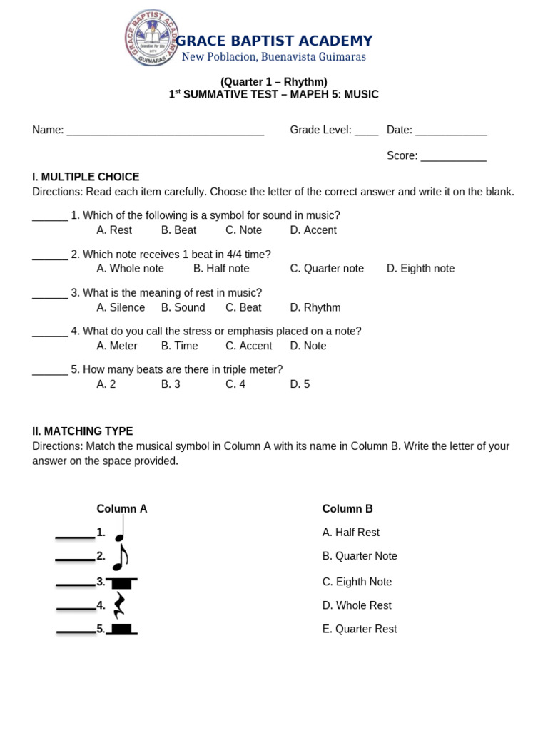 MAPEH 5 Music Summative Test Guide | PDF | Rhythm | Music Theory